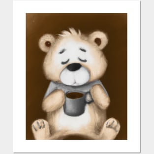 Cute teddy bear drinking coffee Posters and Art